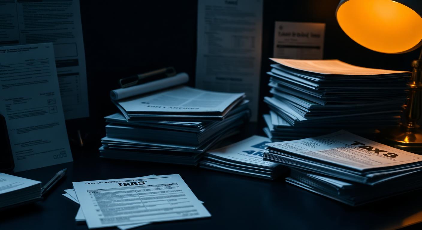 Official IRS tax forms and calculator on a wooden desk with gold accents
