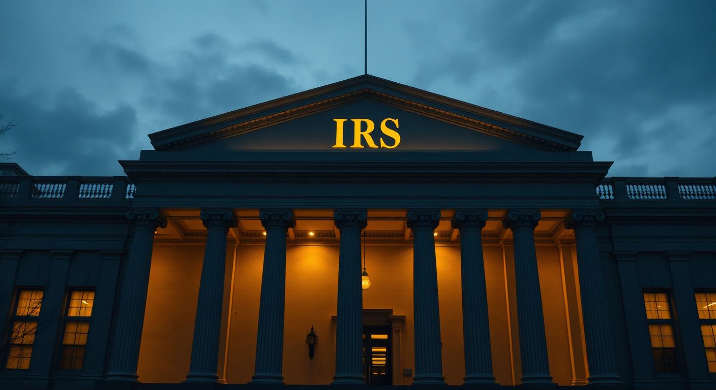 IRS federal government building facade at dusk with gold lighting