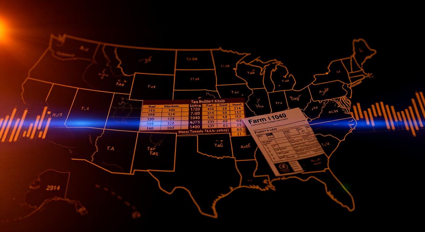 US map with tax bracket charts and Form 1040 representing the U.S. tax system