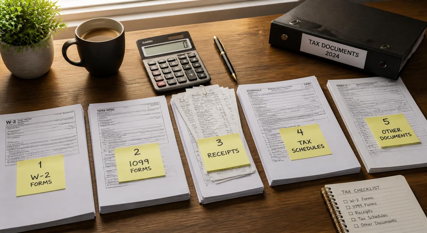 Organized workspace with W-2s, 1099s, receipts and tax schedules arranged in preparation order on a wooden desk