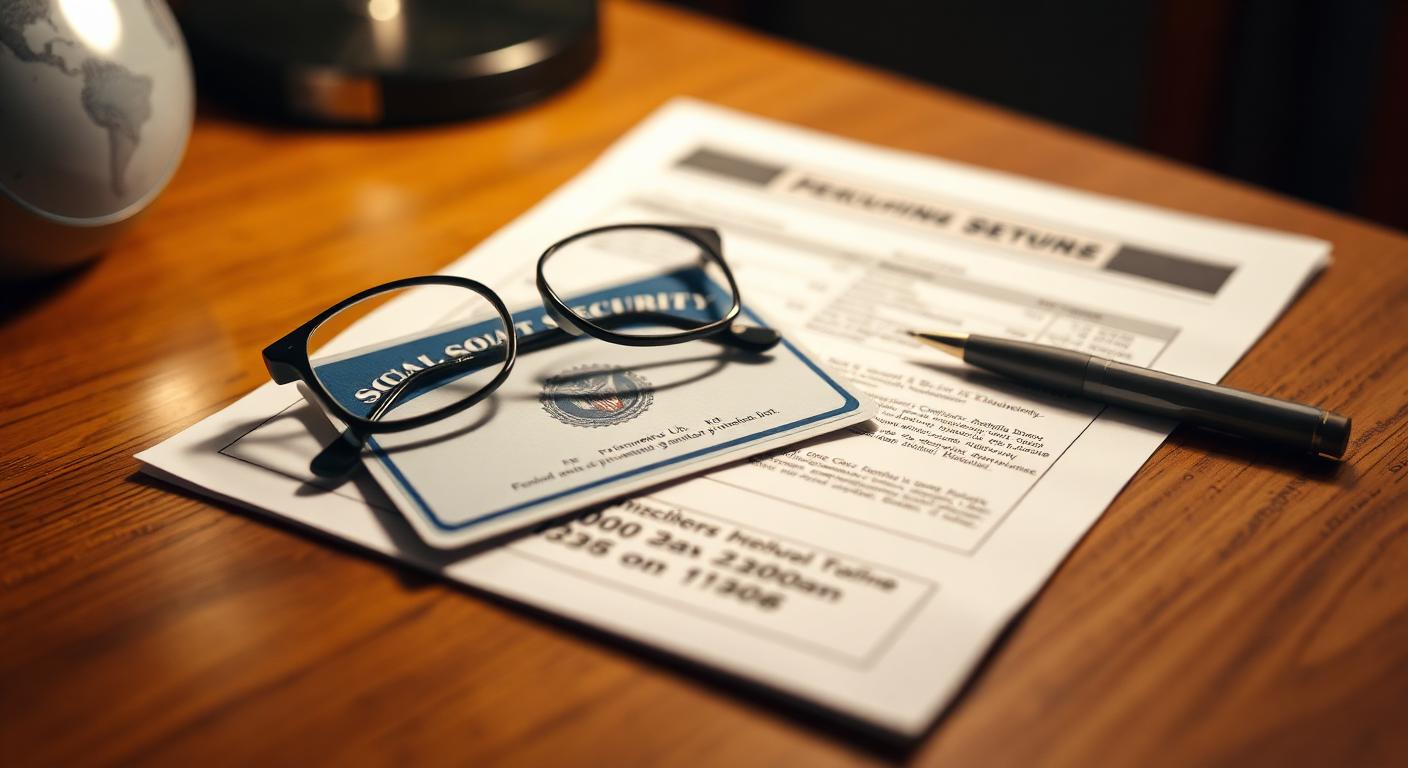 Retired couple reviewing financial documents and Social Security information