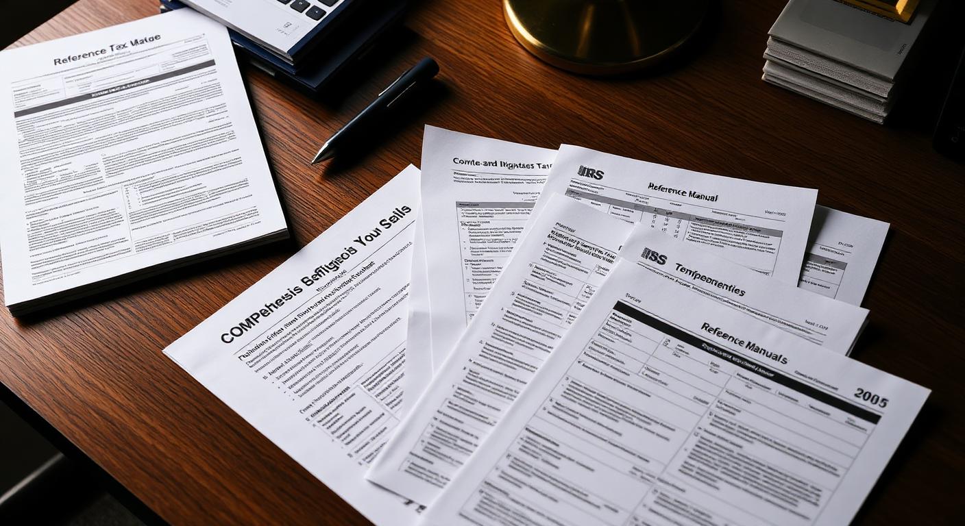 Comprehensive IRS tax documents, reference manuals, and financial worksheets neatly arranged on a wooden desk