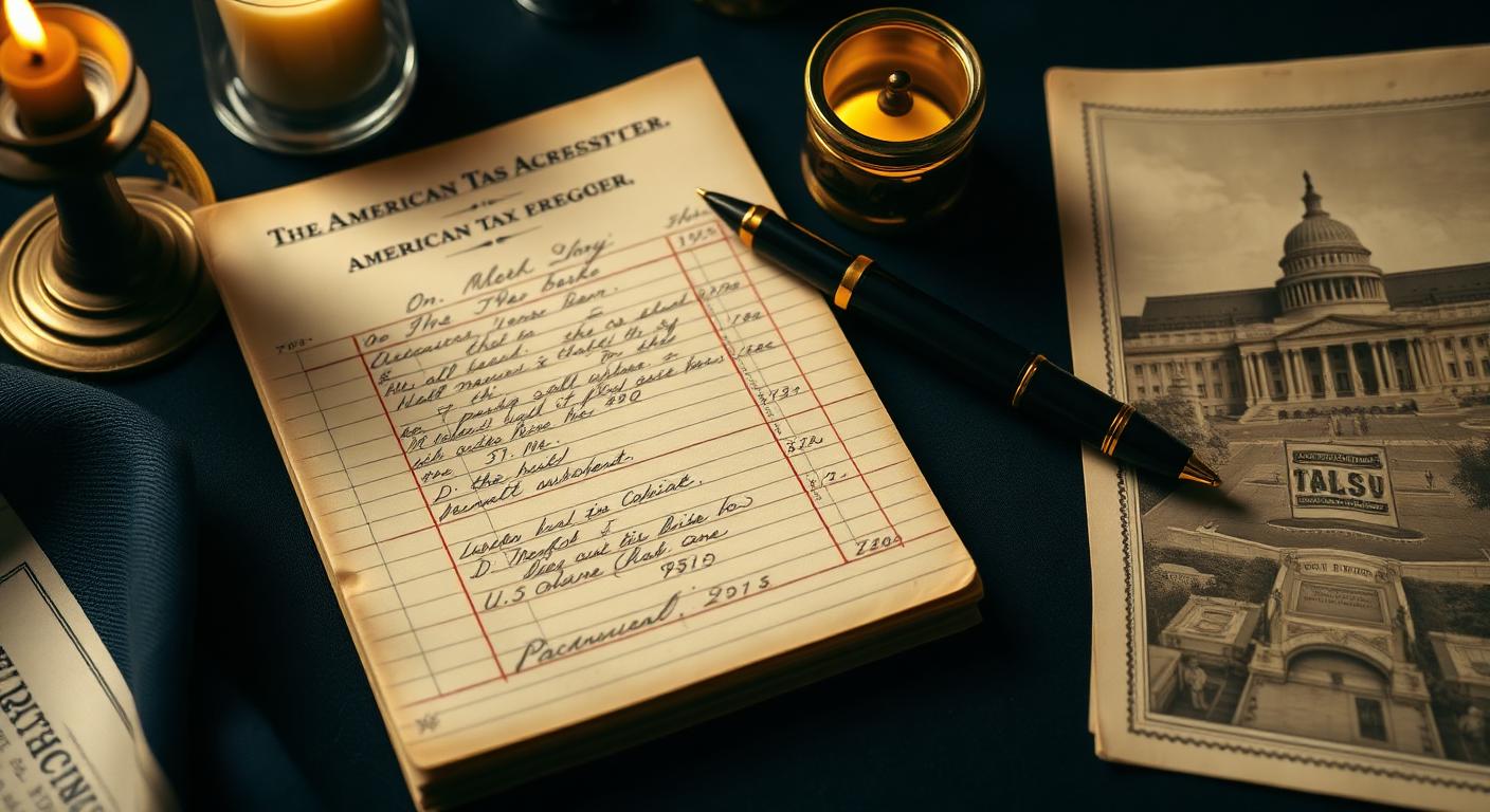 Vintage American tax ledger and archival Capitol engraving showing income tax history