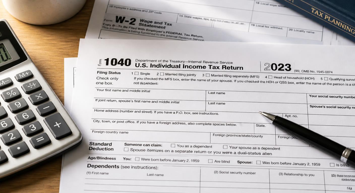 Close-up of IRS Form 1040 U.S. Individual Income Tax Return on a wooden desk with a calculator, pen, and W-2 documents