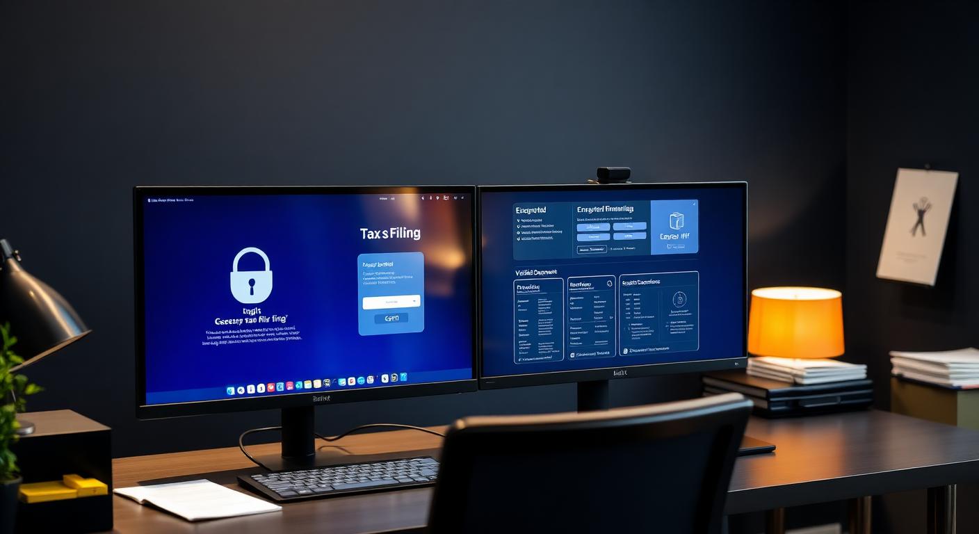 A modern workstation displaying secure tax filing software, encrypted login portals, and verified financial documents across dual monitors