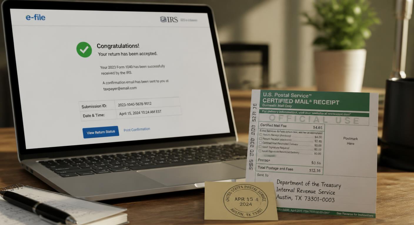 Electronic tax filing confirmation on a laptop beside a USPS Certified Mail receipt and postmark on an office desk