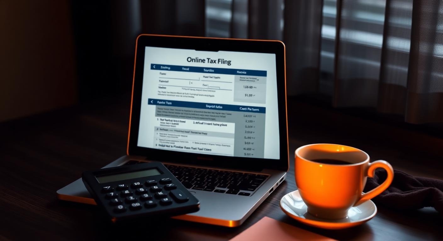 Laptop showing affordable online federal and state tax filing with calculator
