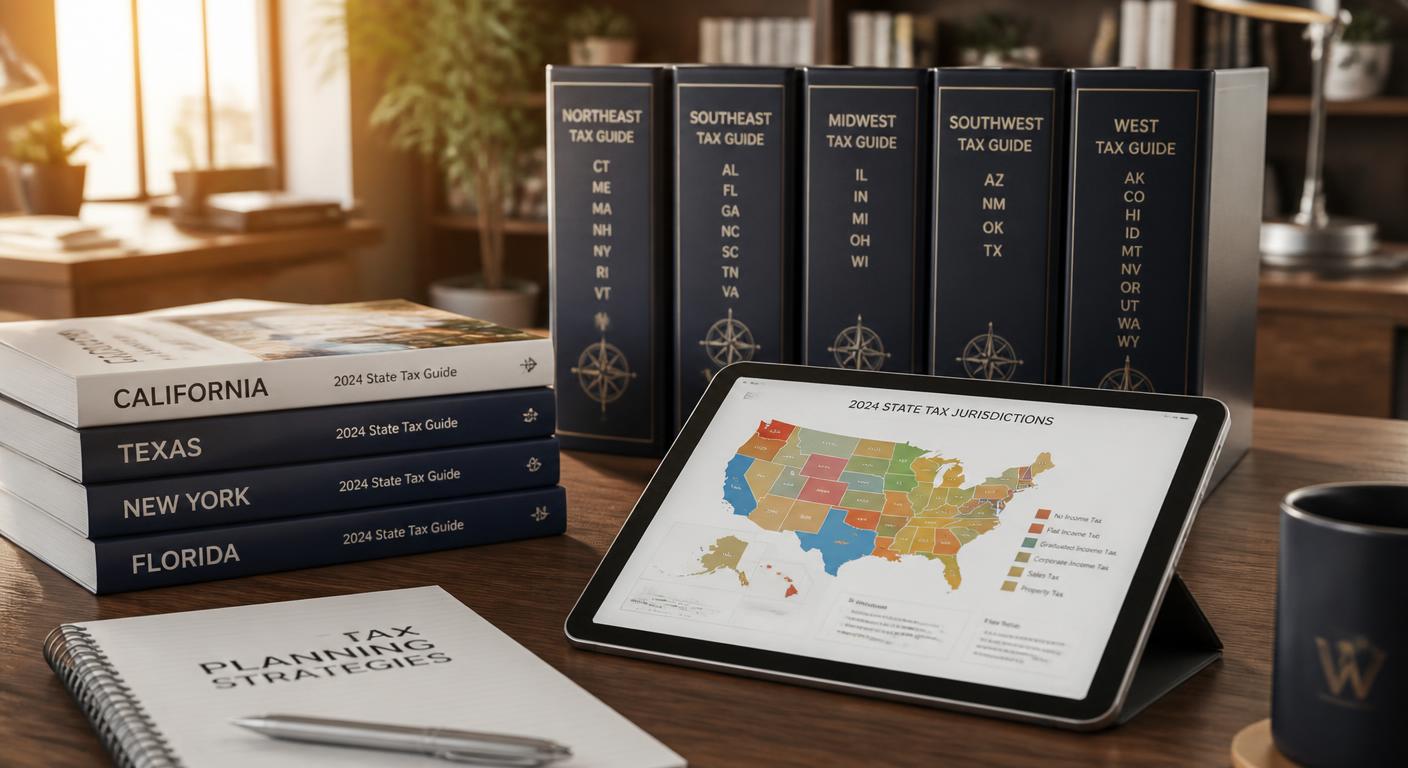 Professional workspace with state tax booklets, regional tax guides, and a tablet showing US state tax jurisdiction maps