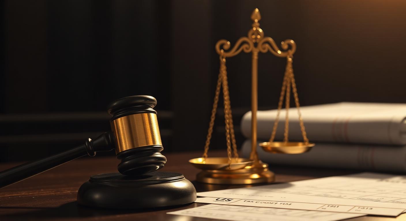Gavel and golden scales of justice beside U.S. Tax Court documents